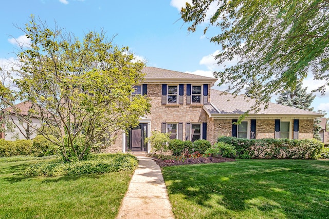 963 Monticello Dr, Naperville, IL 60563 - colonial home featuring brick siding, a front yard, and roof with shingles