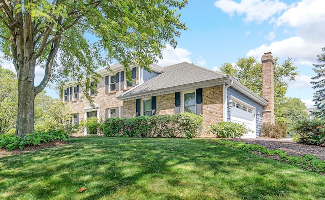 963 Monticello Dr, Naperville, IL 60563 - view of front facade featuring brick siding, a front lawn, a chimney, and an attached garage
