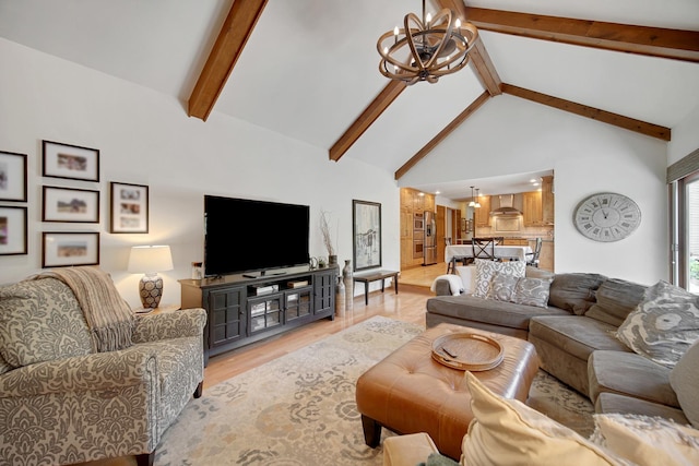963 Monticello Dr, Naperville, IL 60563 - living area featuring a chandelier, high vaulted ceiling, beamed ceiling, and light wood finished floors
