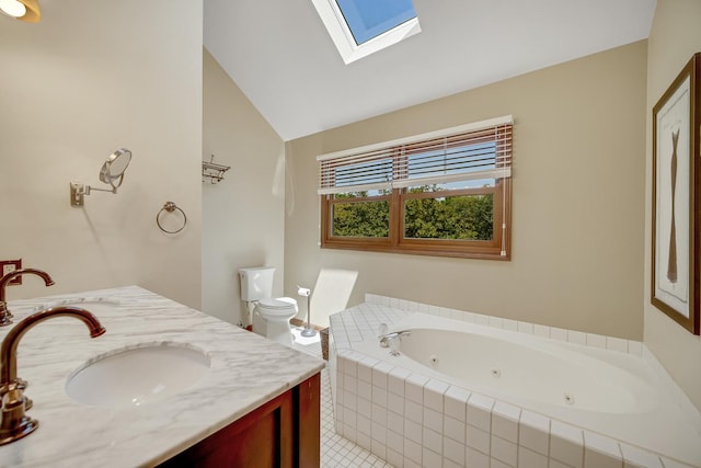963 Monticello Dr, Naperville, IL 60563 - bathroom with a skylight, a jetted tub, double vanity, vaulted ceiling, and tile patterned flooring