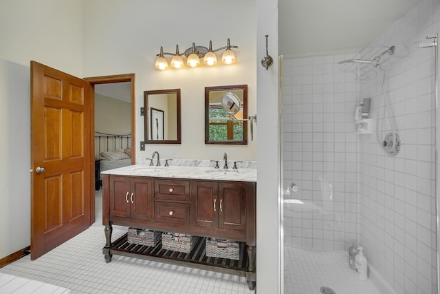 963 Monticello Dr, Naperville, IL 60563 - full bathroom featuring a tile shower, double vanity, and tile patterned floors
