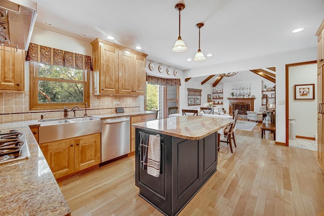 963 Monticello Dr, Naperville, IL 60563 - kitchen featuring stainless steel appliances, light wood finished floors, decorative backsplash, open floor plan, and pendant lighting