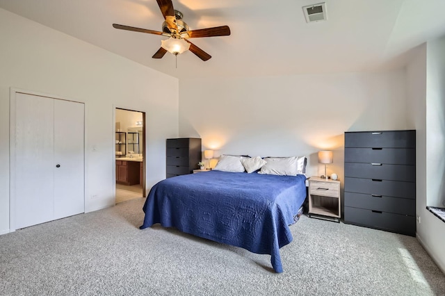 1240 Winfield Ct Unit 4, Roselle, IL 60172 - bedroom featuring vaulted ceiling, light colored carpet, connected bathroom, and ceiling fan