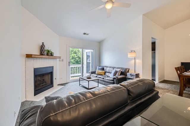 1240 Winfield Ct Unit 4, Roselle, IL 60172 - living room with carpet flooring, vaulted ceiling, ceiling fan, and a fireplace with flush hearth