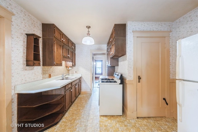154 N Fremont St, Palatine, IL 60067 - kitchen with white appliances, open shelves, wallpapered walls, light countertops, and a wainscoted wall