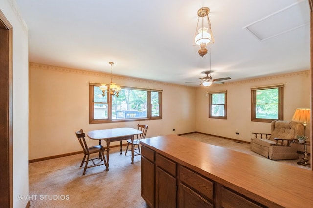 154 N Fremont St, Palatine, IL 60067 - kitchen featuring decorative light fixtures, light carpet, ceiling fan, and open floor plan