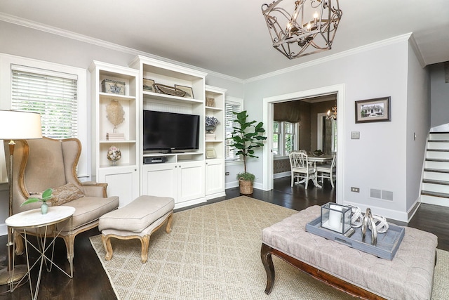 4907 Northcott Ave, Downers Grove, IL 60515 - living room featuring a chandelier, stairs, dark wood finished floors, and crown molding