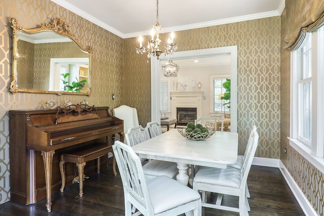 4907 Northcott Ave, Downers Grove, IL 60515 - dining space featuring wallpapered walls, dark wood-style floors, a chandelier, a glass covered fireplace, and ornamental molding