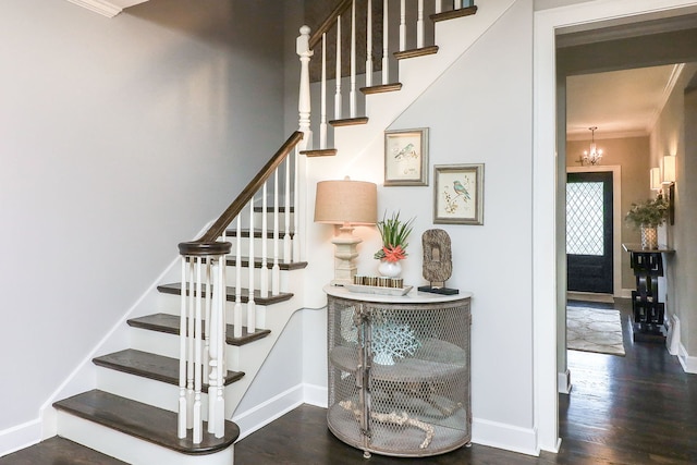 4907 Northcott Ave, Downers Grove, IL 60515 - staircase with wood finished floors, crown molding, and a chandelier