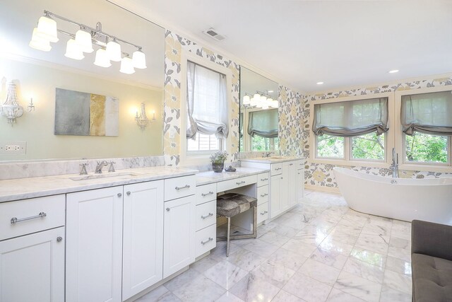4907 Northcott Ave, Downers Grove, IL 60515 - bathroom with plenty of natural light, crown molding, vanity, a freestanding bath, and marble finish flooring