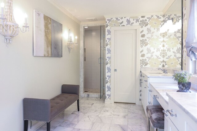 4907 Northcott Ave, Downers Grove, IL 60515 - full bath with crown molding, a stall shower, a chandelier, marble finish flooring, and vanity