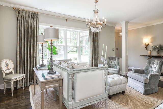 4907 Northcott Ave, Downers Grove, IL 60515 - living area featuring crown molding, a chandelier, dark wood-style floors, and ornate columns