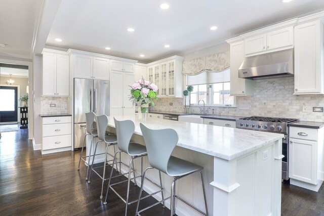 4907 Northcott Ave, Downers Grove, IL 60515 - kitchen featuring under cabinet range hood, stainless steel appliances, dark wood finished floors, white cabinetry, and ornamental molding