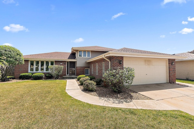 7617 Sycamore Dr, Orland Park, IL 60462 - split level home featuring brick siding, an attached garage, a front lawn, driveway, and a shingled roof