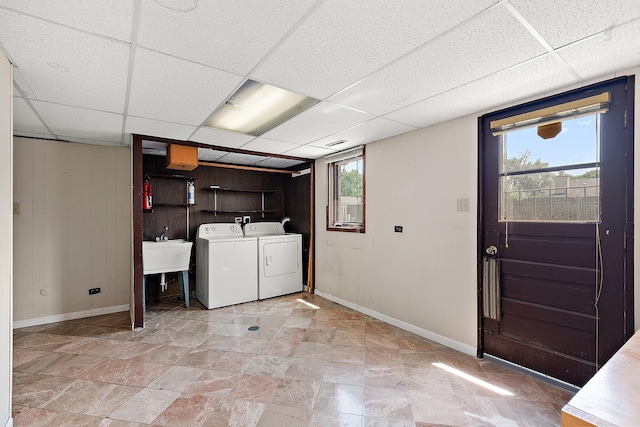 7617 Sycamore Dr, Orland Park, IL 60462 - laundry area featuring separate washer and dryer and wooden walls