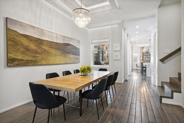 34 E Bellevue Pl, Chicago, IL 60611 - dining room featuring a chandelier, stairs, dark wood-style flooring, ornamental molding, and recessed lighting