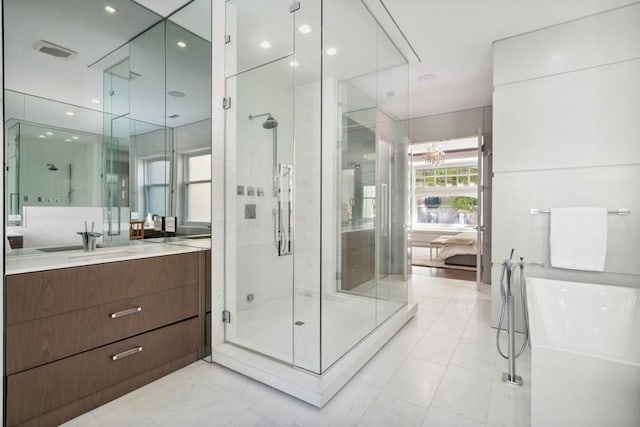 34 E Bellevue Pl, Chicago, IL 60611 - full bathroom with vanity, a stall shower, and a freestanding tub