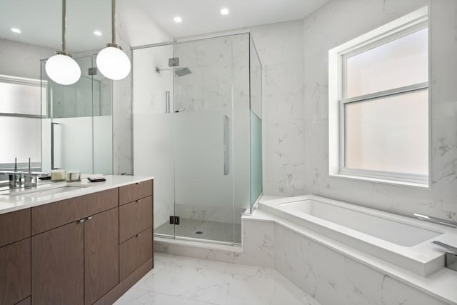 34 E Bellevue Pl, Chicago, IL 60611 - bathroom with vanity, a garden tub, a marble finish shower, marble finish floors, and recessed lighting