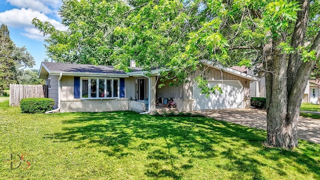 1410 James Ct, Ottawa, IL 61350 - ranch-style house with brick siding, a garage, driveway, board and batten siding, and a chimney