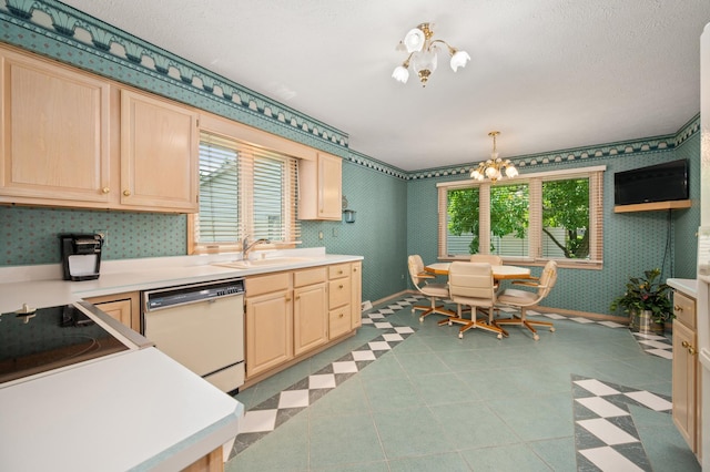 814 Croatian Ct, Sycamore, IL 60178 - kitchen featuring white dishwasher, wallpapered walls, a chandelier, light brown cabinets, and light countertops