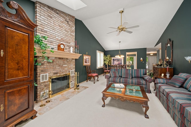 814 Croatian Ct, Sycamore, IL 60178 - living area featuring carpet flooring, a skylight, a brick fireplace, ceiling fan, and high vaulted ceiling