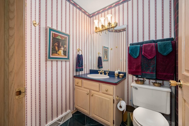 814 Croatian Ct, Sycamore, IL 60178 - bathroom with vanity, wallpapered walls, a chandelier, and tile patterned floors