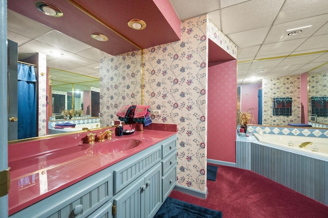 814 Croatian Ct, Sycamore, IL 60178 - full bathroom with a drop ceiling, vanity, wallpapered walls, a bath, and recessed lighting
