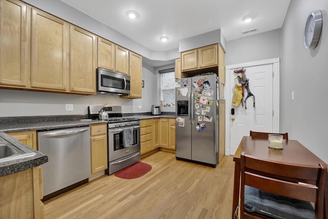 643 W Roscoe St Unit C1, Chicago, IL 60657 - kitchen with appliances with stainless steel finishes, light brown cabinets, dark countertops, and light wood-style flooring