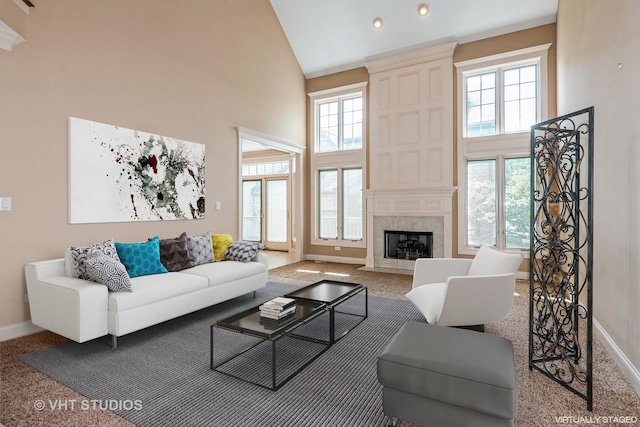 1803 Rizzi Ln, Bartlett, IL 60103 - carpeted living room featuring high vaulted ceiling, a high end fireplace, and recessed lighting