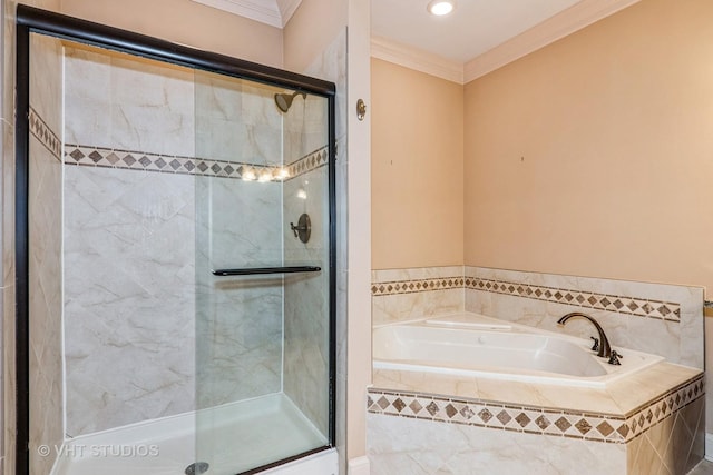 1803 Rizzi Ln, Bartlett, IL 60103 - full bathroom featuring a garden tub, a stall shower, and crown molding
