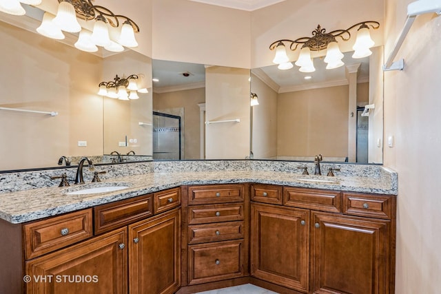 1803 Rizzi Ln, Bartlett, IL 60103 - full bathroom featuring a chandelier, ornamental molding, double vanity, and a shower stall