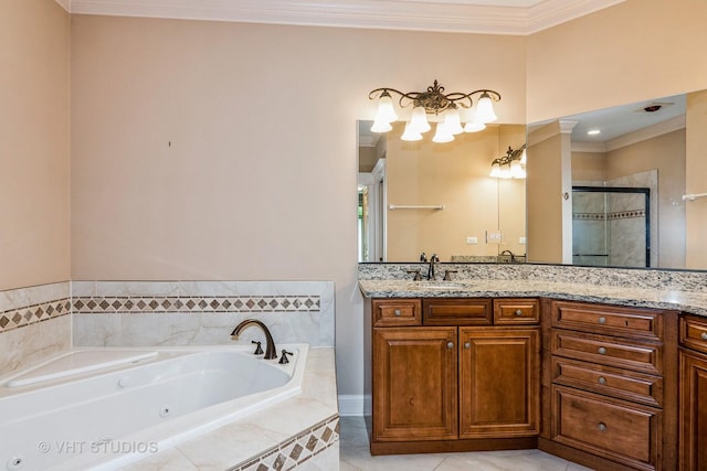 1803 Rizzi Ln, Bartlett, IL 60103 - bathroom featuring a jetted tub, vanity, a stall shower, ornamental molding, and a chandelier