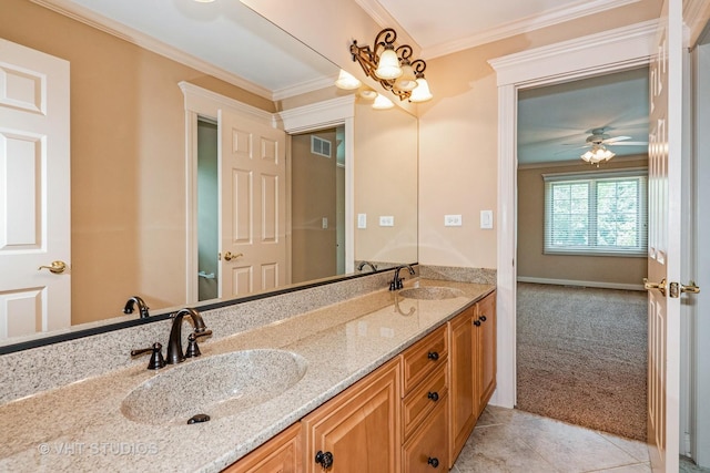 1803 Rizzi Ln, Bartlett, IL 60103 - bathroom with double vanity, ornamental molding, a ceiling fan, and tile patterned floors