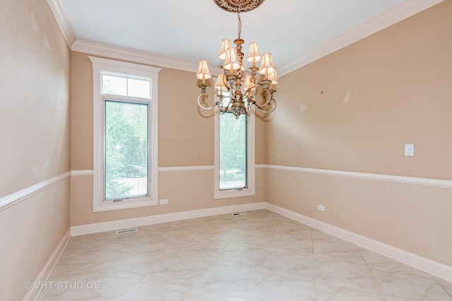 1803 Rizzi Ln, Bartlett, IL 60103 - unfurnished room featuring a chandelier, healthy amount of natural light, marble finish floors, and ornamental molding