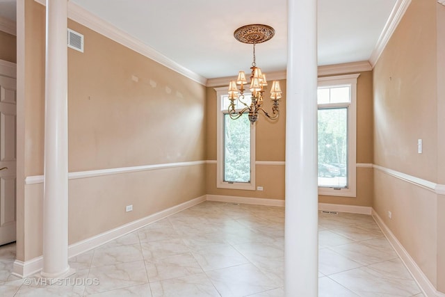 1803 Rizzi Ln, Bartlett, IL 60103 - spare room with a chandelier, crown molding, marble finish floors, and decorative columns