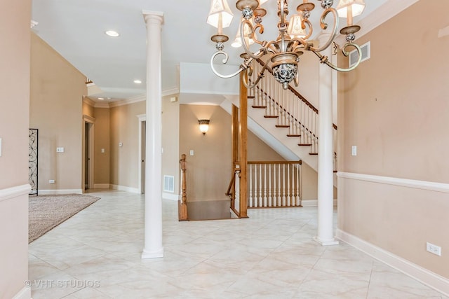 1803 Rizzi Ln, Bartlett, IL 60103 - entrance foyer with ornamental molding, marble look tiles, recessed lighting, a chandelier, and decorative columns