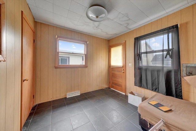 302 S Leney St, Ogden, IL 61859 - doorway with dark tile patterned floors and wood walls