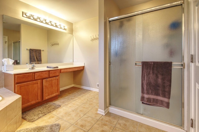 8307 Newbridge Ct, Joliet, IL 60431 - bathroom with tile patterned flooring, a stall shower, vanity, and tiled tub