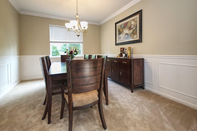 8307 Newbridge Ct, Joliet, IL 60431 - dining room with light carpet, a chandelier, ornamental molding, wainscoting, and a decorative wall