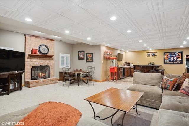 25397 N Northbridge Rd, Hawthorn Woods, IL 60047 - living room featuring recessed lighting, bar area, light carpet, an ornate ceiling, and a fireplace