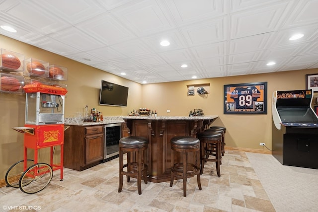 25397 N Northbridge Rd, Hawthorn Woods, IL 60047 - indoor bar with wine cooler, recessed lighting, and an ornate ceiling