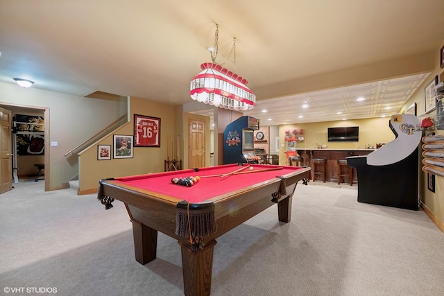 25397 N Northbridge Rd, Hawthorn Woods, IL 60047 - rec room with bar with sink, light carpet, recessed lighting, and pool table