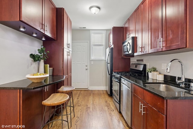 4332 N Sacramento Ave Unit 3S, Chicago, IL 60618 - kitchen featuring stainless steel appliances, dark brown cabinets, light wood finished floors, and a breakfast bar