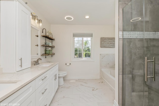253 Brookhaven Trl, Pingree Grove, IL 60140 - full bath with marble finish flooring, double vanity, a bath, a stall shower, and recessed lighting
