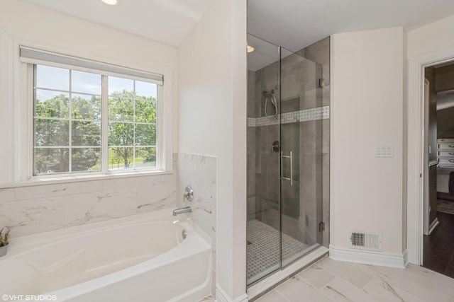 253 Brookhaven Trl, Pingree Grove, IL 60140 - full bathroom featuring a garden tub, a shower stall, and marble look tile flooring