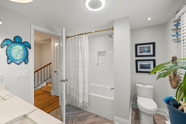 440 Menominee Ln, Naperville, IL 60563 - bathroom with shower / bath combo, vanity, recessed lighting, and parquet floors