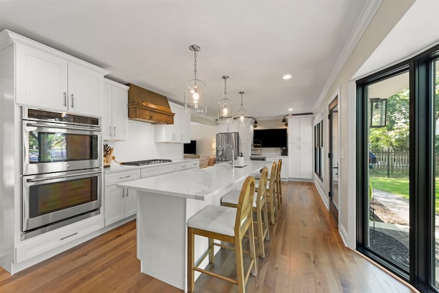 440 Menominee Ln, Naperville, IL 60563 - kitchen featuring appliances with stainless steel finishes, custom exhaust hood, tasteful backsplash, light countertops, and crown molding