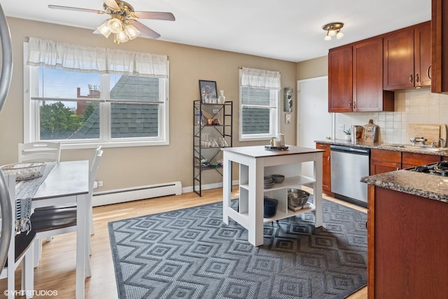 2652 W Rascher Ave Unit 304, Chicago, IL 60625 - kitchen featuring dishwasher, a baseboard radiator, a ceiling fan, backsplash, and light wood-style flooring