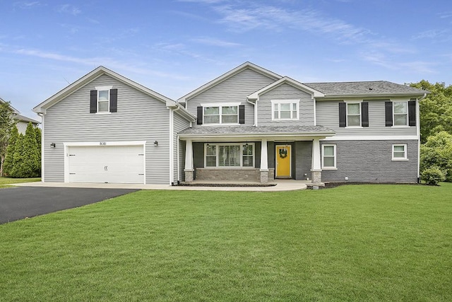 8081 Tennessee Ave, Willowbrook, IL 60527 - view of front facade featuring a porch, a garage, a front yard, asphalt driveway, and roof with shingles