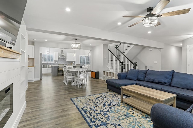 8081 Tennessee Ave, Willowbrook, IL 60527 - living area with ceiling fan, stairway, recessed lighting, wood finished floors, and a tile fireplace